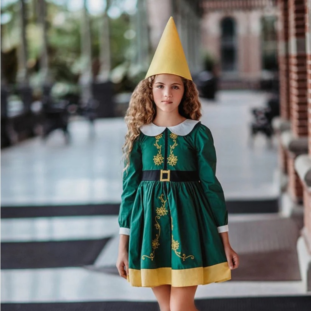 Girls' Green & Yellow Holiday Dress with Decorative Embroidery